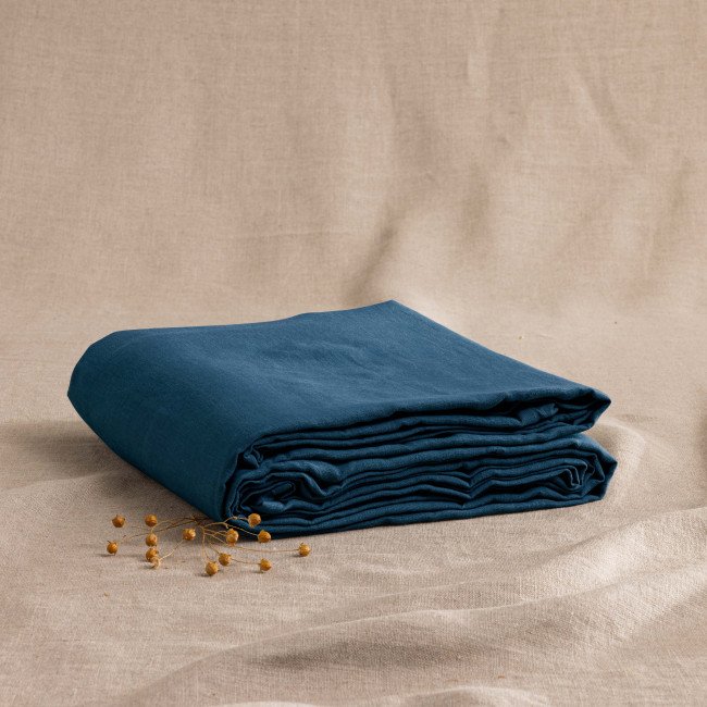 Drap Plat en Lin Lavé Bleu Prusse