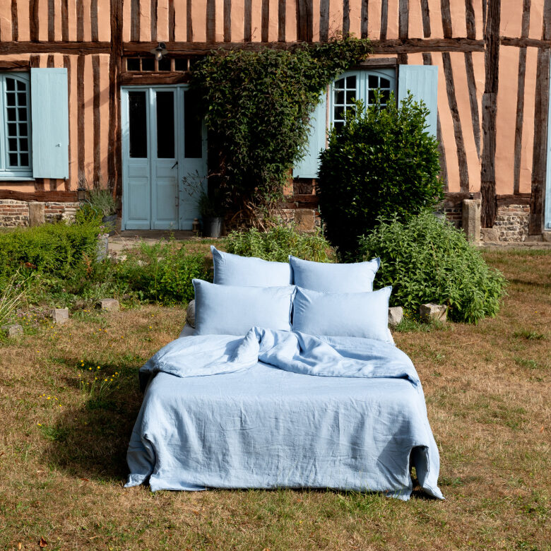 Drap Housse en Lin Lavé Bleu Horizon - Embrin