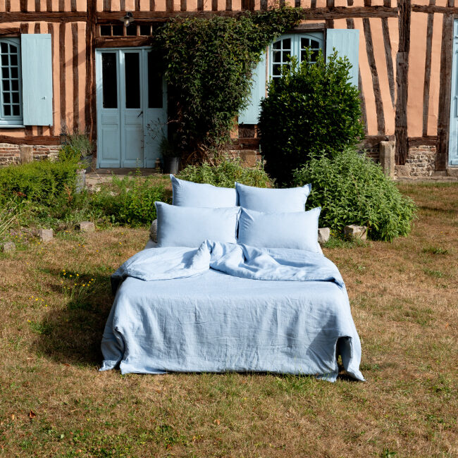 Drap Plat en Lin Lavé Bleu Horizon