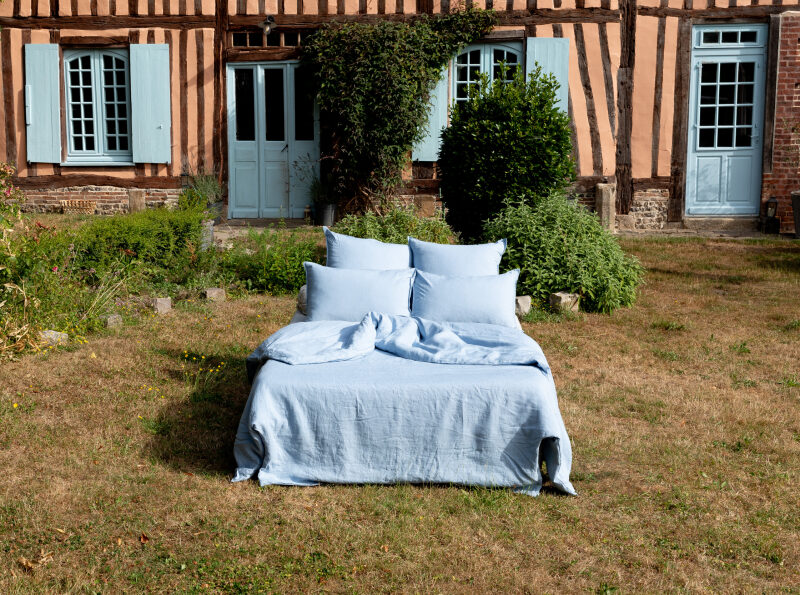 Drap Plat en Lin Lavé Bleu Horizon