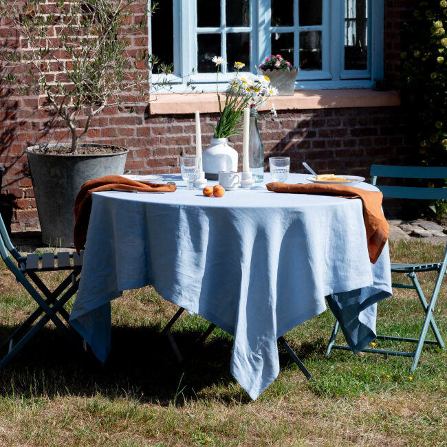 Washed linen tablecloth in Horizon Blue