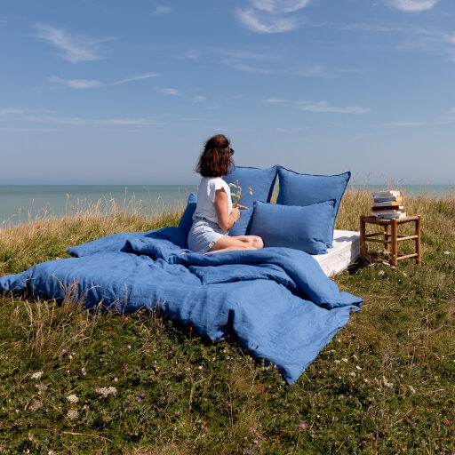 Housse de couette en lin lavé Bleu Azur