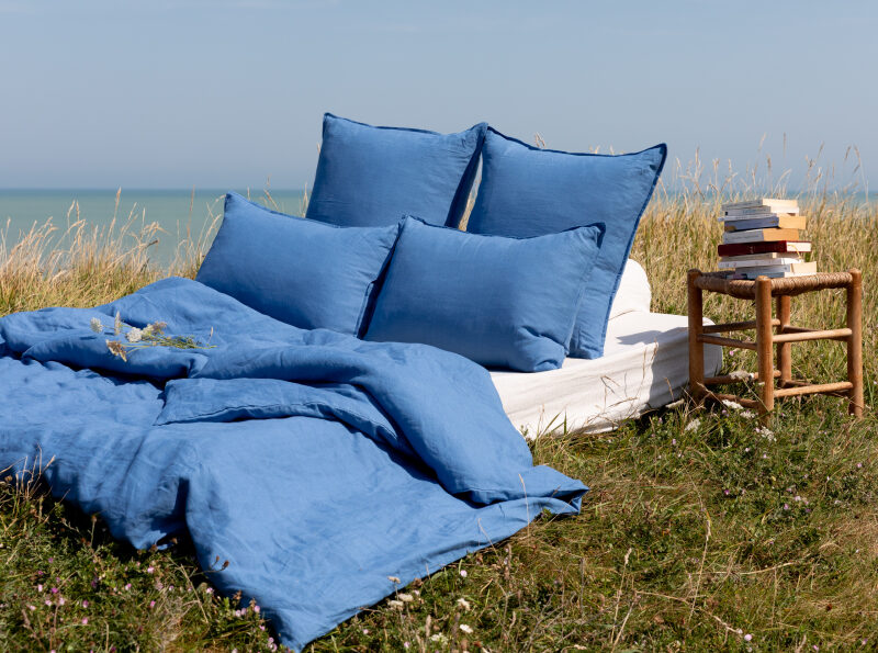 Drap Housse en Lin Lavé Bleu Azur