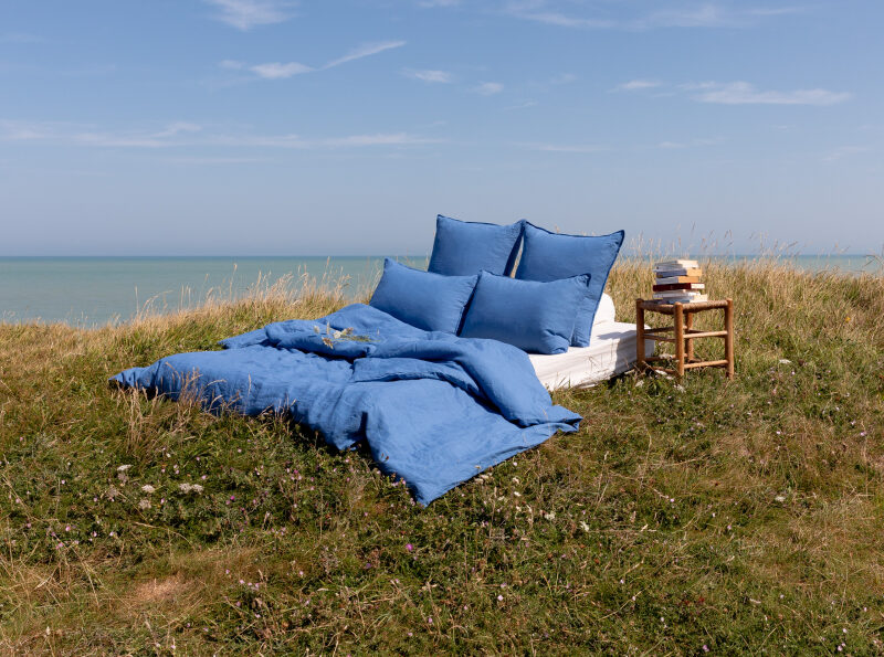 Drap Plat en Lin Lavé Bleu Azur