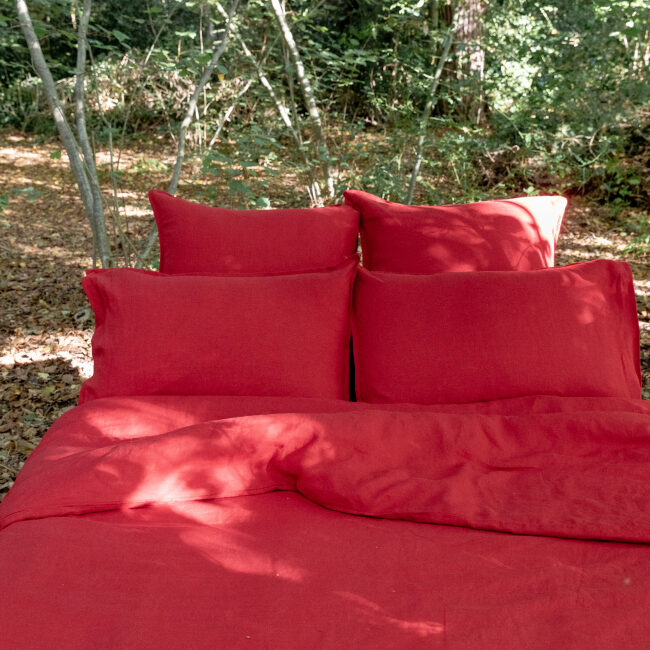 Drap Housse en Lin Lavé Rouge Groseille