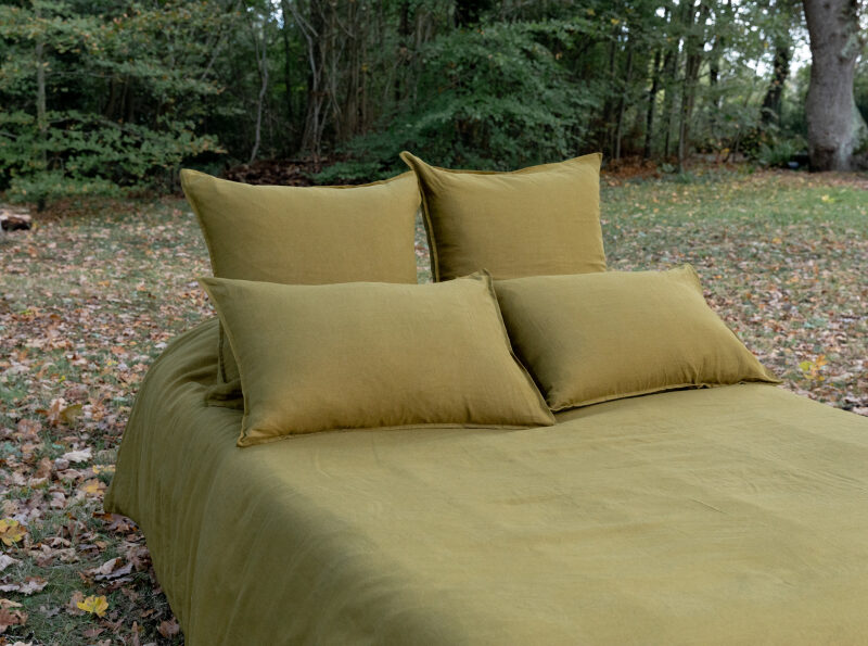 Drap Housse en Lin Lavé Vert Bronze
