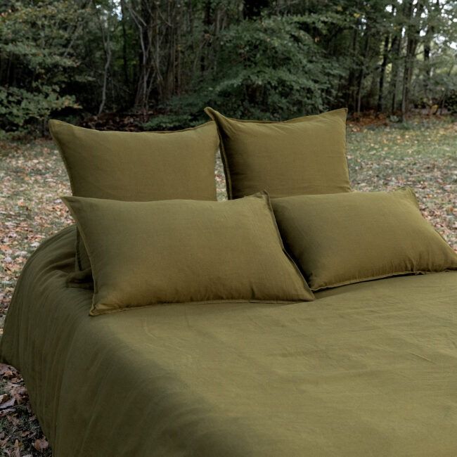 Drap Housse en Lin Lavé Vert Bronze